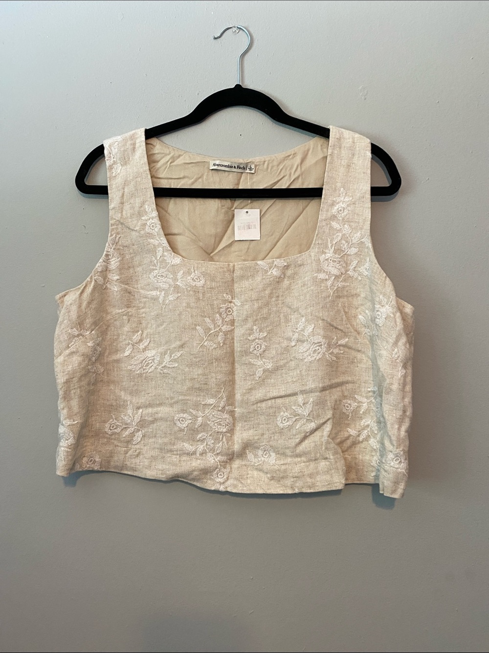 Abercrombie & Fitch Cream Embroidered Linen-Blend Crop Tank